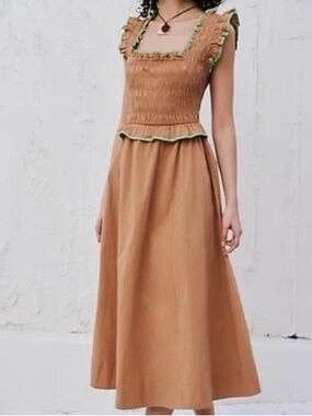 Free People Tovi Tan Midi Dress with Green Accents